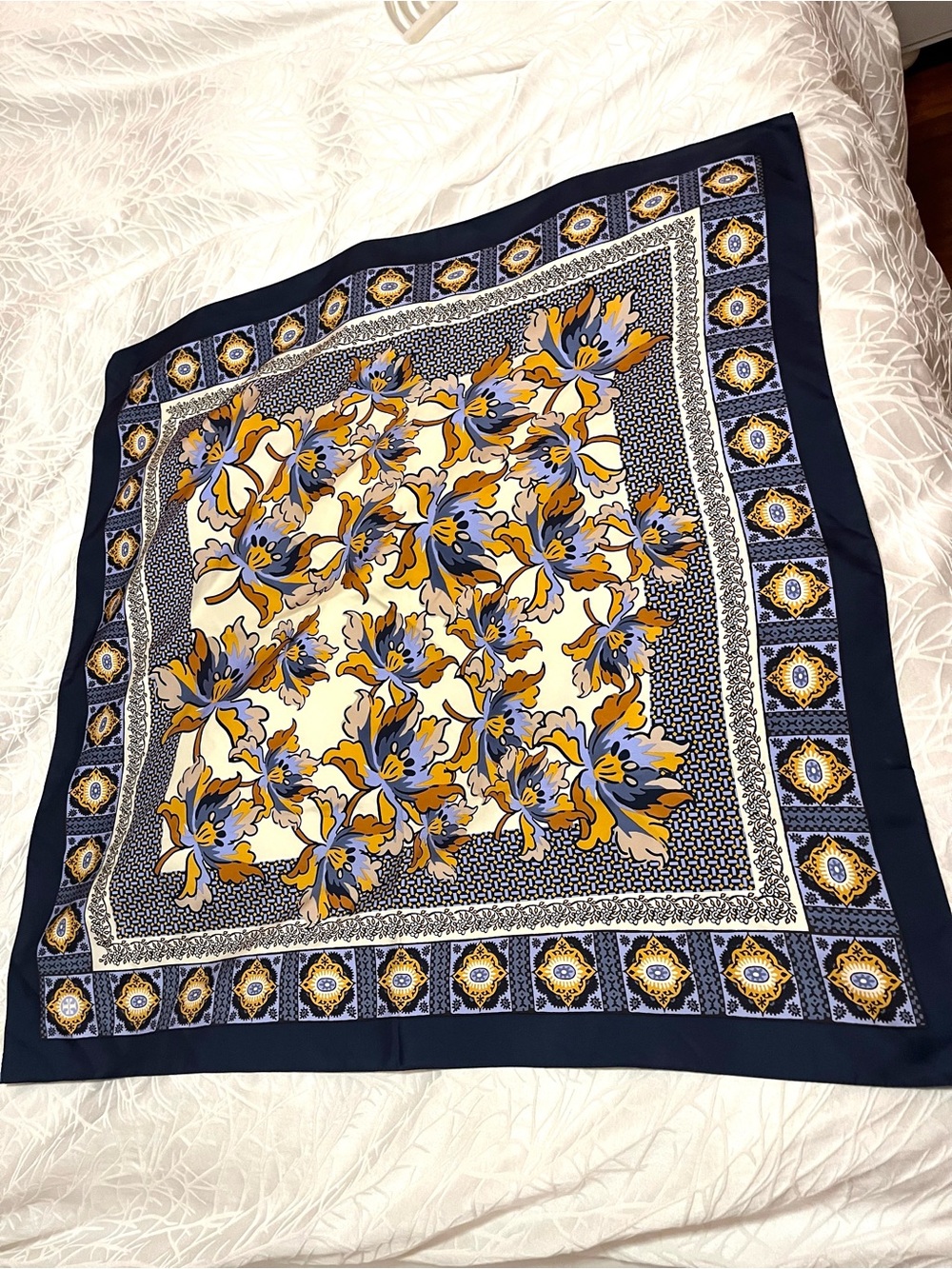 Tory Burch Navy, Gold and Cream Floral Silk-Feel Square Scarf